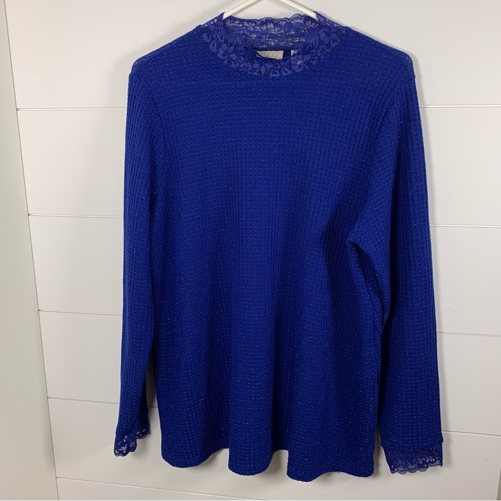 LOGO by Lori Goldstein Women L Top Lace Trim‎ Royal Blue Sparkle Shimmer Dressy